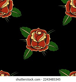 Seamless pattern with roses in tattoo style. Vector illustration