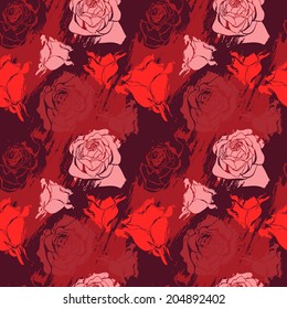 Seamless pattern with roses and texture, shades of red