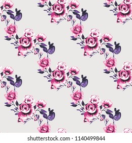 Seamless pattern with roses. Vector fashion illustrations with watercolor style paint splashes. Stylish and beautiful graphic on white background. Design for logo, t shirt and uniform.