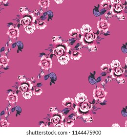 Seamless pattern with roses. Vector fashion illustrations with watercolor style paint splashes. Stylish and beautiful graphic on pink background. Design for logo, t shirt and uniform.