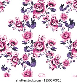 Seamless pattern with roses. Vector fashion illustrations with watercolor style paint splashes. Stylish and beautiful graphic on white background. Design for logo, t shirt and uniform.