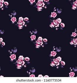 Seamless pattern with roses. Vector fashion illustrations with watercolor style paint splashes. Stylish and beautiful graphic on black blue background. Design for logo, t shirt and uniform.