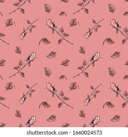 Seamless pattern with roses. Vector illustration on a pink background. Use for printing wallpapers, backgrounds, fabrics, packaging, postcards.