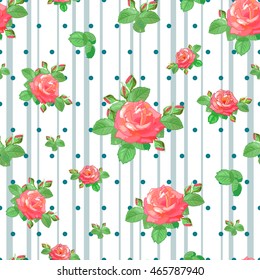Seamless pattern with roses and Vertical Gray and Black stripes. Vector illustration  in the style of shabby chic.Can be used for textile,fabric, wrapping paper,design a web site.