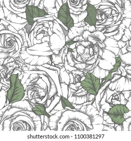 Seamless pattern with roses. Vintage design in sketch style. Hand-drawn vector illustration