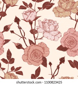 Seamless pattern with roses. Vintage design in sketch style. Hand-drawn vector illustration