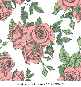 Seamless pattern with roses. Vintage design in sketch style. Hand-drawn vector illustration
