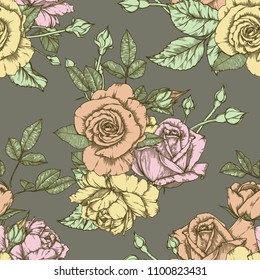 Seamless pattern with roses. Vintage design in sketch style. Hand-drawn vector illustration