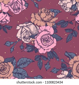 Seamless pattern with roses. Vintage design in sketch style. Hand-drawn vector illustration
