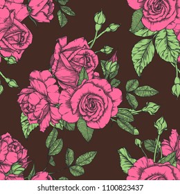 Seamless pattern with roses. Vintage design in sketch style. Hand-drawn vector illustration