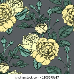 Seamless pattern with roses. Vintage design in sketch style. Hand-drawn vector illustration