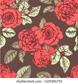 Seamless pattern with roses. Vintage design in sketch style. Hand-drawn vector illustration