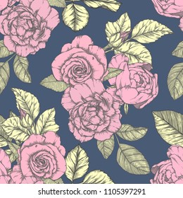 Seamless pattern with roses. Vintage design in sketch style. Hand-drawn vector illustration