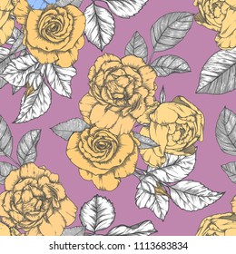 Seamless pattern with roses. Vintage design in sketch style. Hand-drawn vector illustration