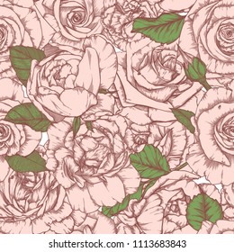Seamless pattern with roses. Vintage design in sketch style. Hand-drawn vector illustration