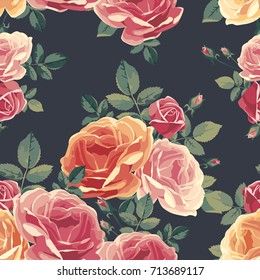 Seamless pattern with roses. Vintage floral background. Vector illustration