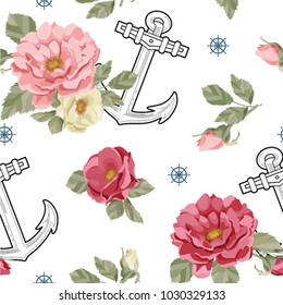 Seamless pattern with roses. Vintage roses vector. Print pattern with roses and anchors. Floral vector seamless background. Botanical wallpaper. Rose vector