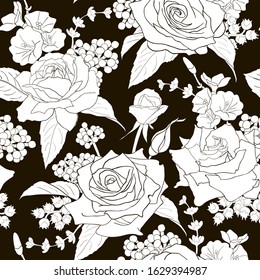 Seamless pattern with roses.   White flowers, leaves on white background. Abstract monochrome pattern illustration in floral style. Idea for material, scarf, fabric, textile, wallpaper, wrapping paper