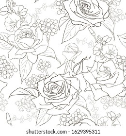 Seamless pattern with roses.   White flowers, leaves on white background. Abstract monochrome pattern illustration in floral style. Idea for material, scarf, fabric, textile, wallpaper, wrapping paper
