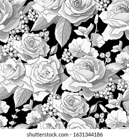 Seamless pattern with roses. White flowers, leaves on black background. Abstract monochrome pattern illustration in floral style. Idea for material, scarf, fabric, textile, wallpaper, wrapping paper