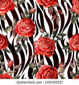 Seamless pattern with roses and zebra skin. 