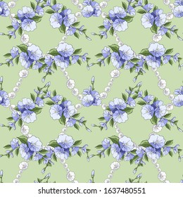Seamless pattern with roses.Blue flowers, leaves on green background. Abstract colorful pattern  in floral style. Idea for material, scarf, fabric, textile, wallpaper, wrapping paper. Vector