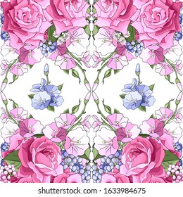 Seamless pattern with roses.Pink flowers, leaves on white background. Abstract colorful pattern  in floral style. Idea for material, scarf, fabric, textile, wallpaper, wrapping paper. Vector