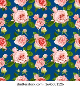 Seamless pattern with roses.Pink flowers, leaves on blue background. Abstract colorful pattern  in floral style. Idea for material, scarf, fabric, textile, wallpaper, wrapping paper. Vector