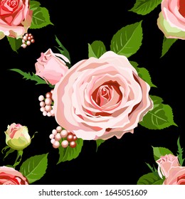 Seamless pattern with roses.Pink flowers, leaves on black background. Abstract colorful pattern  in floral style. Idea for material, scarf, fabric, textile, wallpaper, wrapping paper. Vector