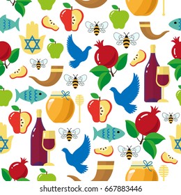 Seamless pattern with Rosh Hashanah symbols. Jewish new year celebration. Vector illustration.