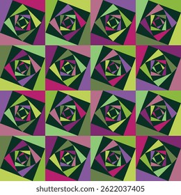 A seamless pattern of rotated alternating squares arranged in a grid and made of triangles creating a spiral depth effect.