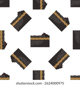 Seamless pattern with rotated slices of dark chocolate cake with filling and chocolate chips, isolated on white background