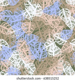 Seamless pattern. Rotten leaves arranged randomly. Fashionable camouflage. White, blue, khaki, pink-beige.