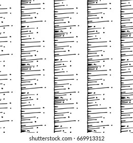 Seamless pattern from rough dashes or sticks with dots. Schemes of branches in the style of doodle or in the subtle style. Infinitely repeating motif of natural forms. Vector illustration.