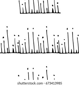 Seamless pattern from rough dashes or sticks with dots. Schemes of branches in the style of doodle. Infinitely repeating motif of natural forms. Vector illustration.