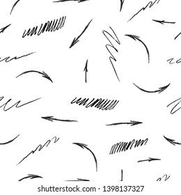 Seamless pattern with rough pencil scribbles, coal arrows. Vector isolated grunge background with chalk edge charcoal lines.