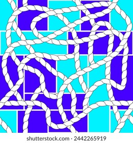 Seamless pattern with rough wavy white ropes on checkered blue and dark blue background. Marine collection. For textile, prints, wrapping-paper, wrapping, cover, gift-paper, home decor. Vector.