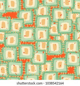 Seamless pattern of roughly drawn patches. Multicolored grunge texture.