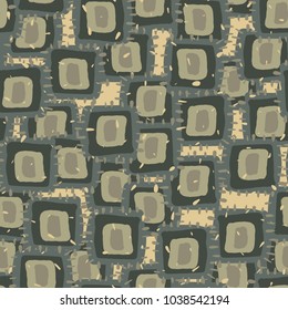 Seamless pattern of roughly drawn patches. Multicolored grunge texture.