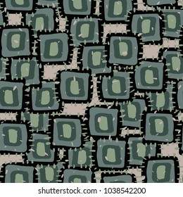 Seamless pattern of roughly drawn patches. Multicolored grunge texture.