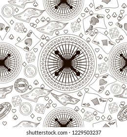 Seamless pattern with roulette, cards, casino chip, money. Vector illustration for print, textile, paper