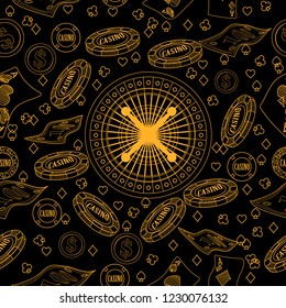 Seamless pattern with roulette, cards, casino chip, money. Vector illustration for print, textile, paper