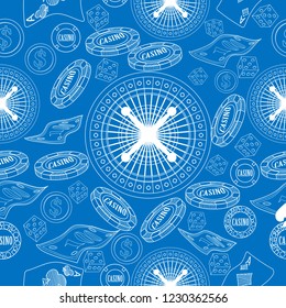 Seamless pattern with roulette, cards, casino chip, money. Vector illustration for print, textile, paper