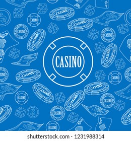 Seamless pattern with roulette, cards, casino chip, money. Vector illustration. Cute Christmas background for wallpaper, gift paper, pattern fills, textile, greetings cards.