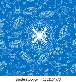 Seamless pattern with roulette, cards, casino chip, money. Vector illustration. Cute Christmas background for wallpaper, gift paper, pattern fills, textile, greetings cards.