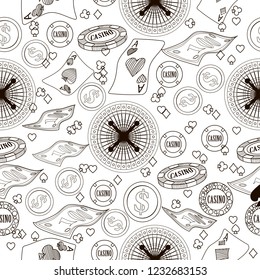 Seamless pattern with roulette, cards, casino chip, money. Vector illustration. Cute Christmas background for wallpaper, gift paper, pattern fills, textile, greetings cards.