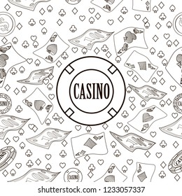 Seamless pattern with roulette, cards, casino chip, money. Vector illustration. Cute Christmas background for wallpaper, gift paper, pattern fills, textile, greetings cards.