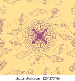 Seamless pattern with roulette, cards, casino chip, money. Vector illustration. Cute Christmas background for wallpaper, gift paper, pattern fills, textile, greetings cards.