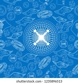 Seamless pattern with roulette, cards, casino chip, money. Vector illustration. Cute Christmas background for wallpaper, gift paper, pattern fills, textile, greetings cards.