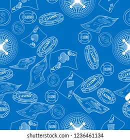 Seamless pattern with roulette, cards, casino chip, money. Vector illustration. Cute Christmas background for wallpaper, gift paper, pattern fills, textile, greetings cards.